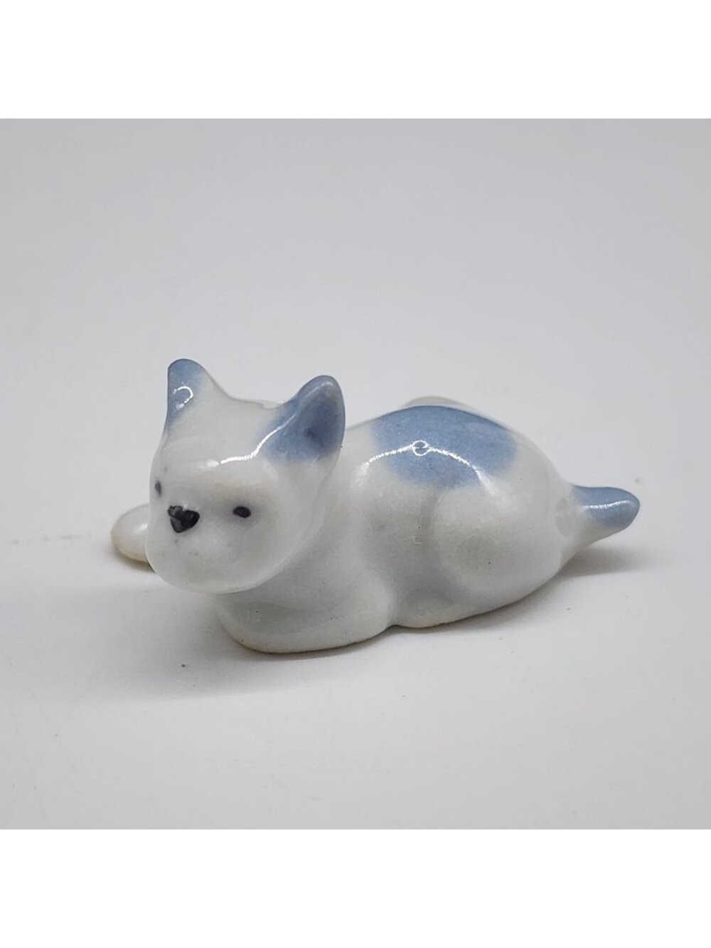 Mini Porcelain Dog Figurine White & Blue Hand Painted Made In Japan
